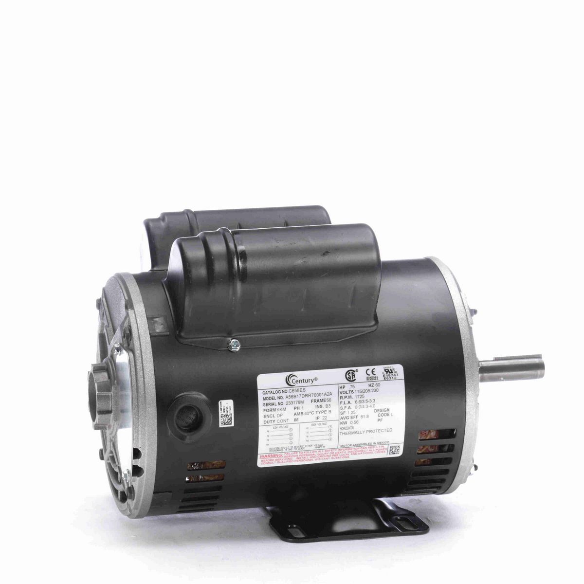 Century General Purpose Motor, .75 HP, 1 Ph, 60 Hz, 115/208-230 V, 1800 RPM, 56 Frame, DP - C658ES