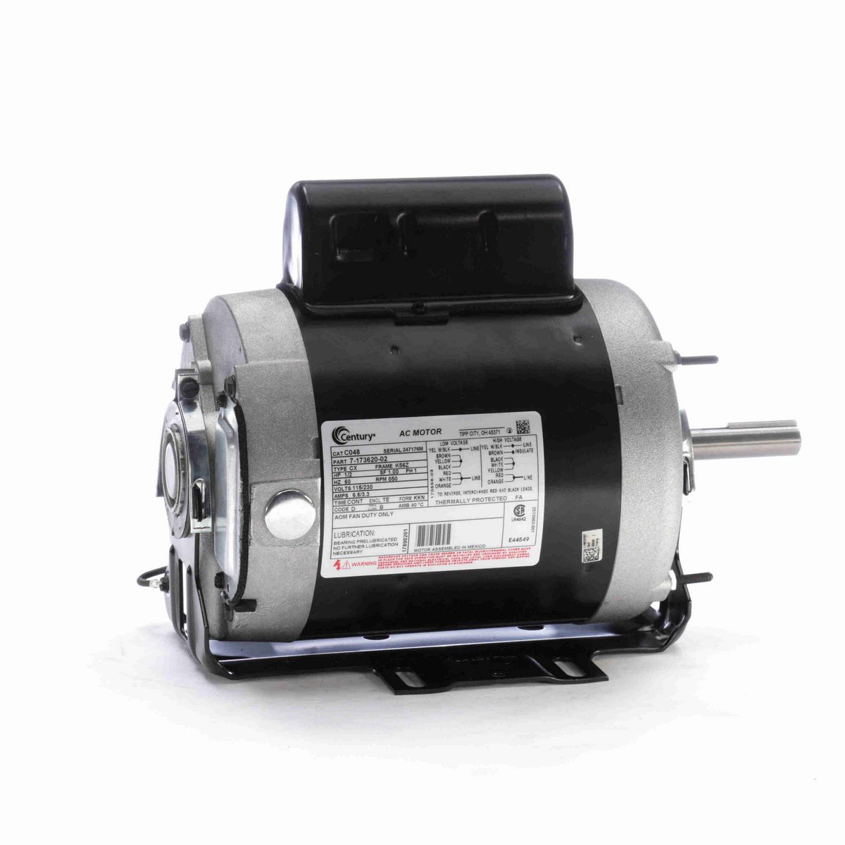 Century Direct Drive Fan Motor, 1/2 HP, 1 Ph, 60 Hz, 115/230 V, 900 RPM, K56Z Frame, TEAO - C048