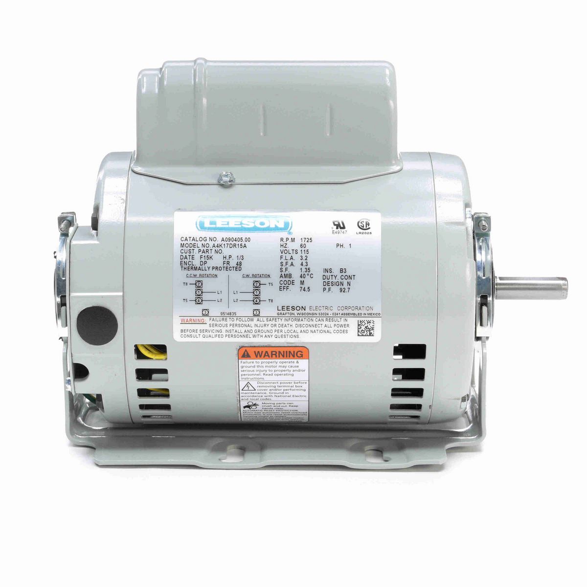 LEESON Fan and Blower Motor, 0.33 HP, 1 Ph, 60 Hz, 115 V, 1800 RPM, 48 Frame, DP - A090405.00