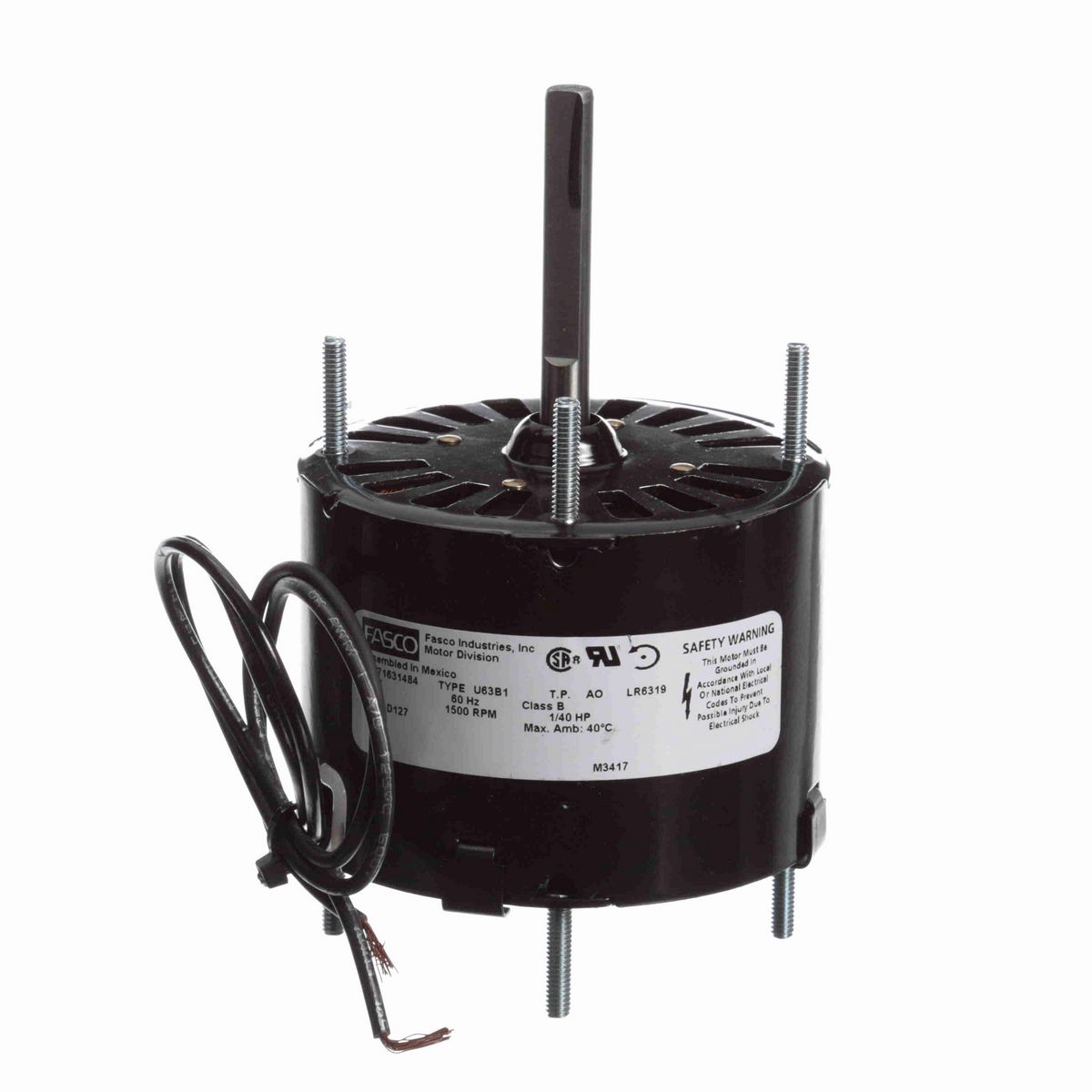 FASCO Fan and Blower Motor, 1/40 HP, 1 Ph, 60 Hz, 115 V, 1500 RPM, 1 Speed, 3.3" Diameter, OAO - D127