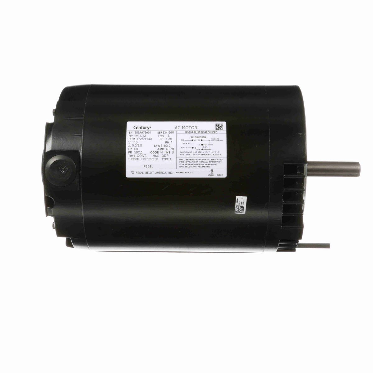 Century Ventilation Motor, 1/4-1/12 HP, 1 Ph, 60 Hz, 115 V, 1800 RPM, 56CZ Frame, ODP - F393L