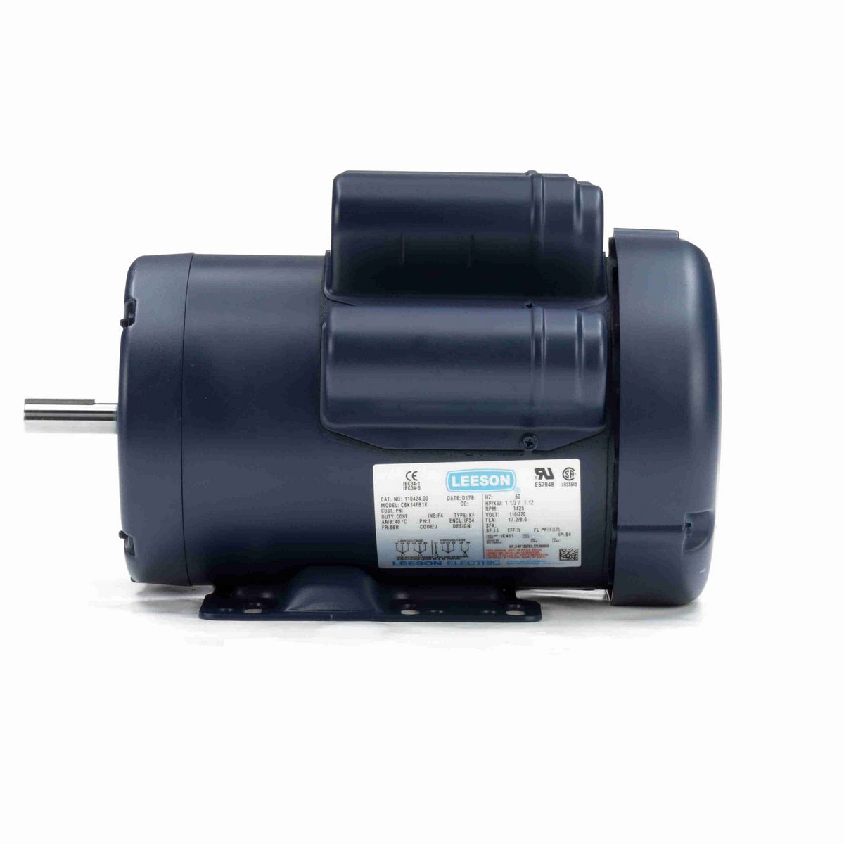LEESON Special Voltage Motor, 1.50 HP, 1 Ph, 50 Hz, 110/220 V, 1500 RPM, 56H Frame, TEFC - 110424.00