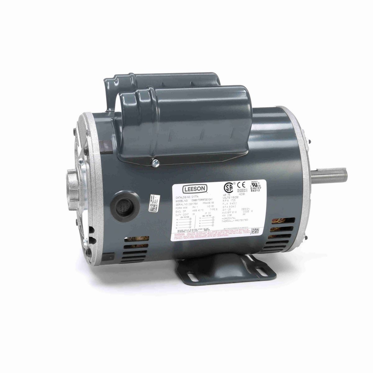 LEESON General Purpose Motor, 0.75 HP, 1 Ph, 60 Hz, 115/208-230 V, 1800 RPM, 56 Frame, DP - C177A