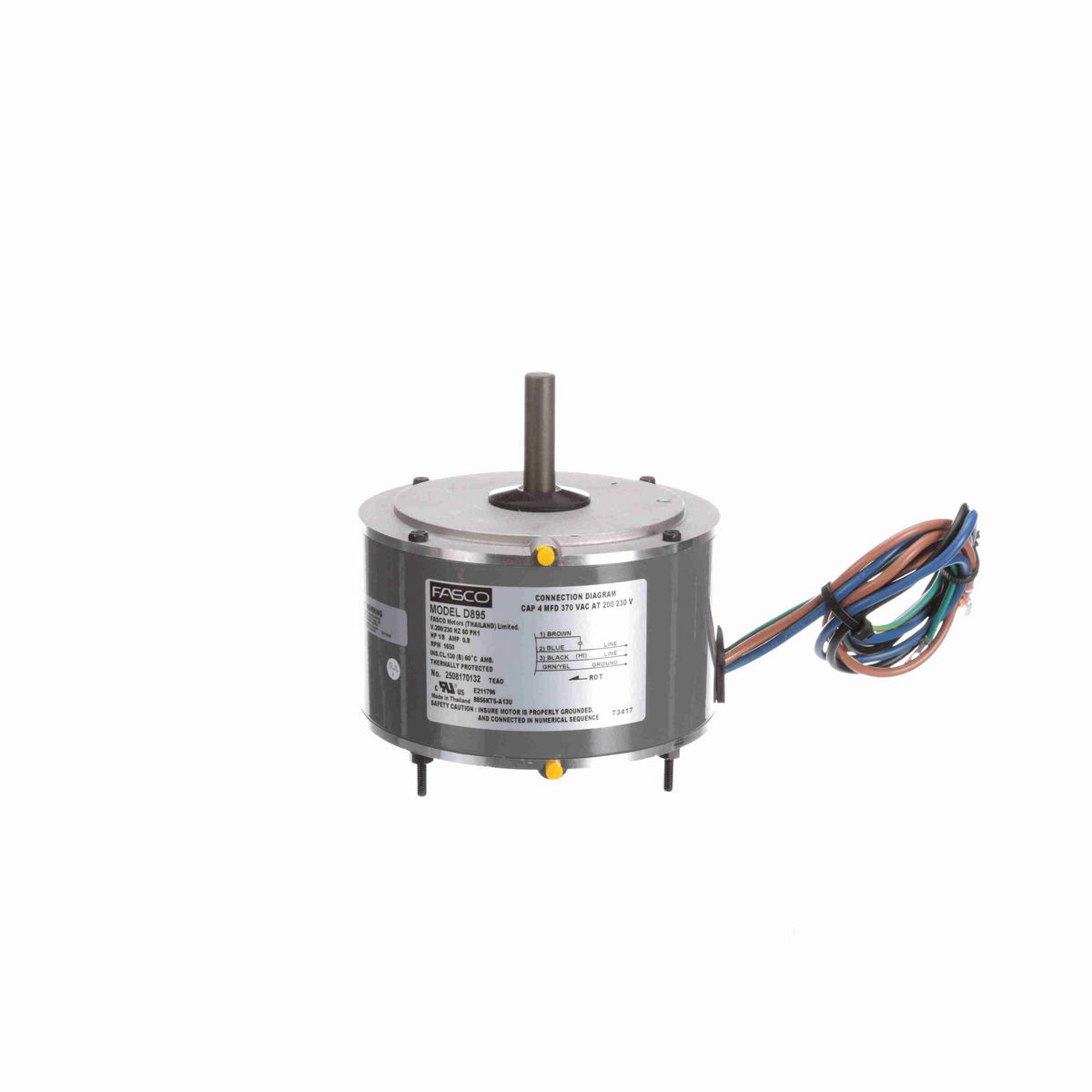 FASCO OEM Replacement Motor, 1/8 HP, 1 Ph, 60 Hz, 200-230 V, 1650 RPM, 1 Speed, 48 Frame, TEAO - D895