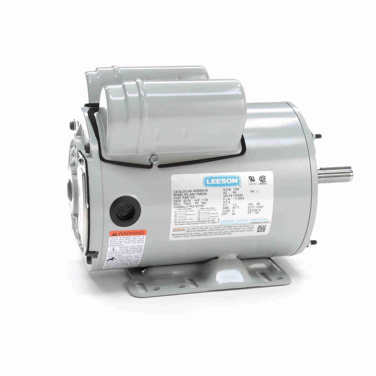 LEESON Agricultural Motor, 1.50 HP, 1 Ph, 60 Hz, 115/230 V, 1800 RPM, 56H Frame, TENV - M009594.00