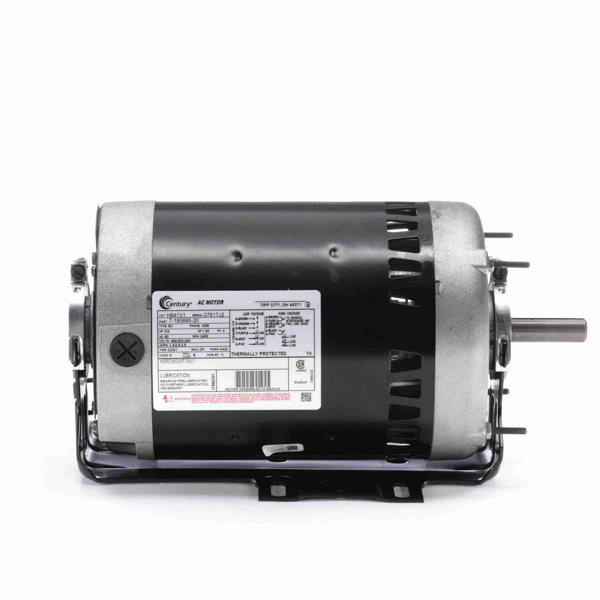 Century General Purpose Motor, 3/4 HP, 3 Ph, 60 Hz, 460/200-230 V, 3600 RPM, M56 Frame, DP - H841V1