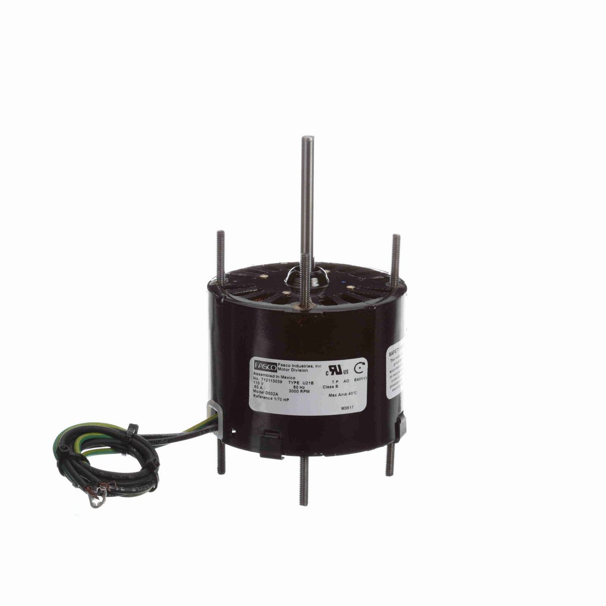 FASCO Ventilation Motor, 1/70 HP, 1 Ph, 60 Hz, 115 V, 3000 RPM, 1 Speed, 3.3" Diameter, OAO - D032A