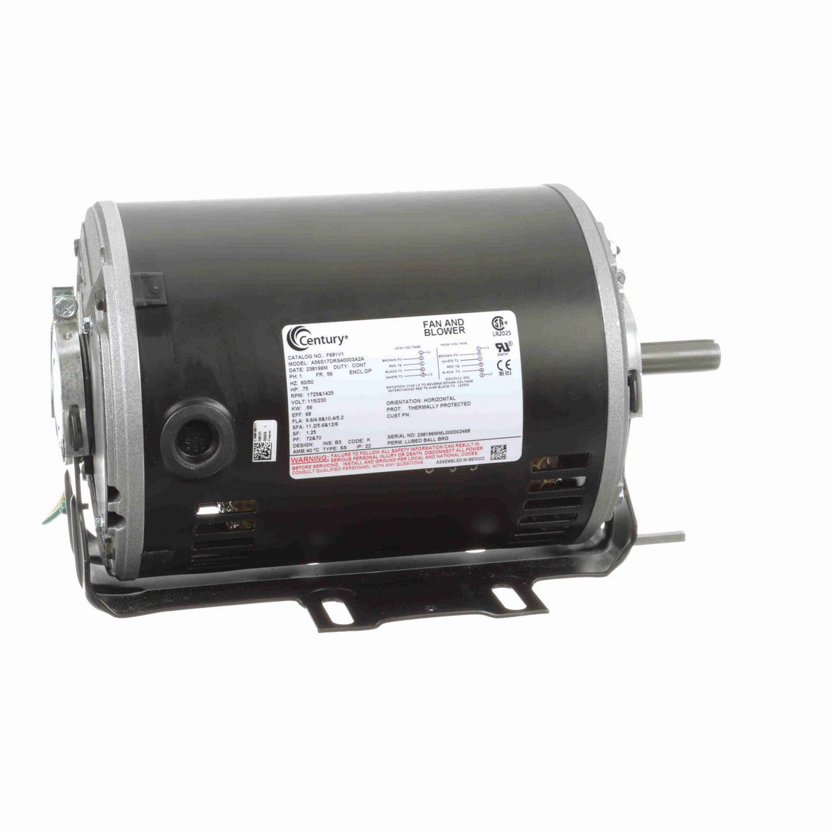 Century Fan and Blower Motor, .75 HP, 1 Ph, 60&50 Hz, 115/230 V, 1800 RPM, 56 Frame, DP - F681V1