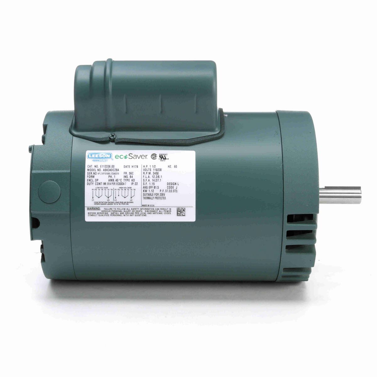 LEESON ecoSaver™ General Purpose Motor, 1.50 HP, 1 Ph, 60 Hz, 115/230 V, 3600 RPM, 56C Frame, DP - E113336.00