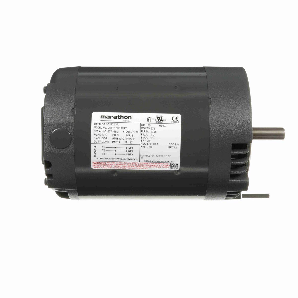 LEESON General Purpose Motor, 0.75 HP, 3 Ph, 60 Hz, 575 V, 1800 RPM, 56C Frame, DP - G243A