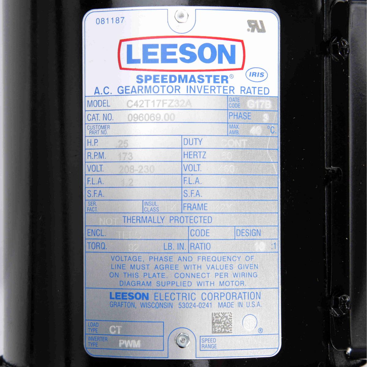 LEESON Parallel Shaft Gearmotor, 0.25 HP, 3 Ph, 60 Hz, 208-230/460 V, 173 RPM, 42Y Frame, TEFC - 096069.00