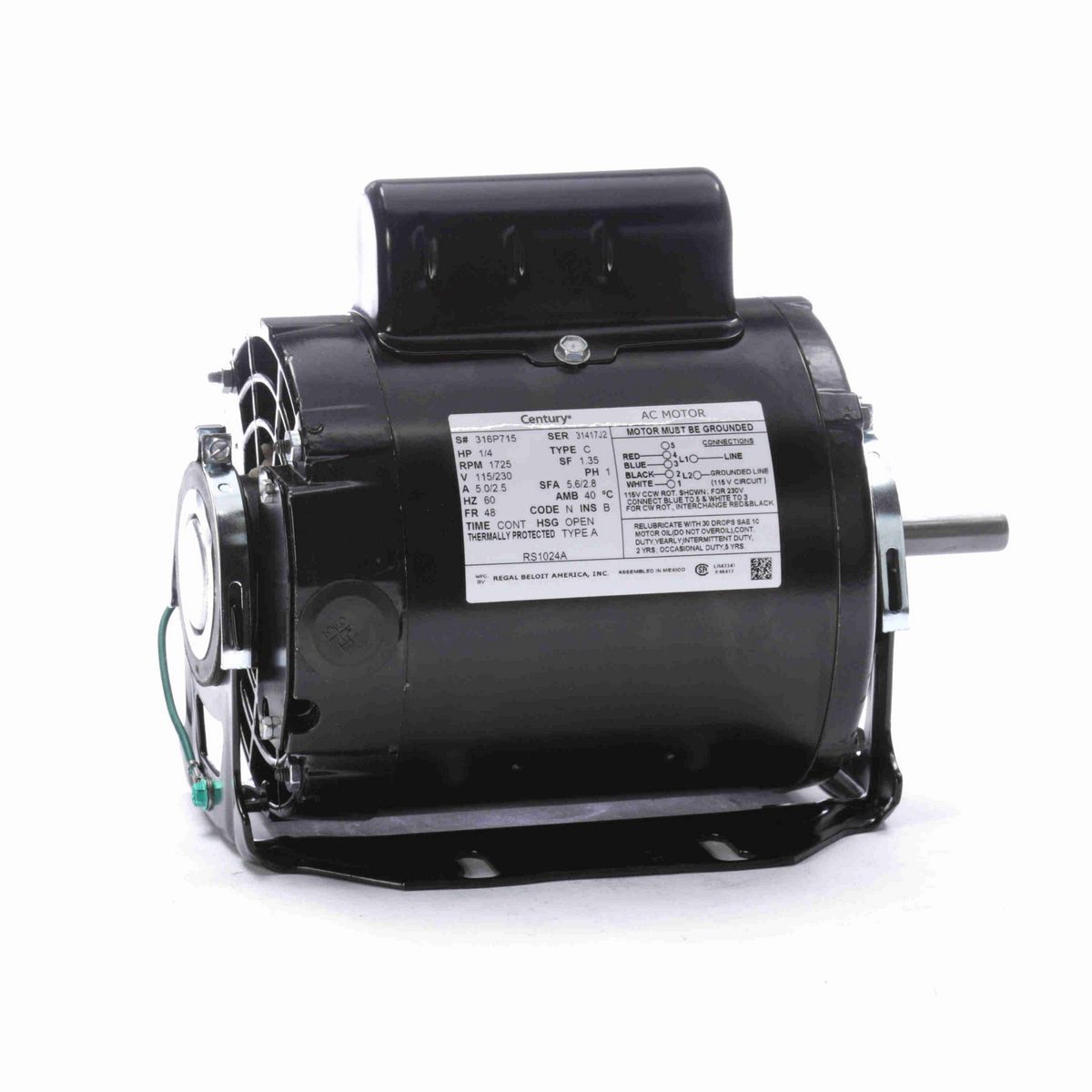 Century Fan and Blower Motor, 1/4 HP, 1 Ph, 60 Hz, 115/230 V, 1800 RPM, 48 Frame, OPEN - RS1024A