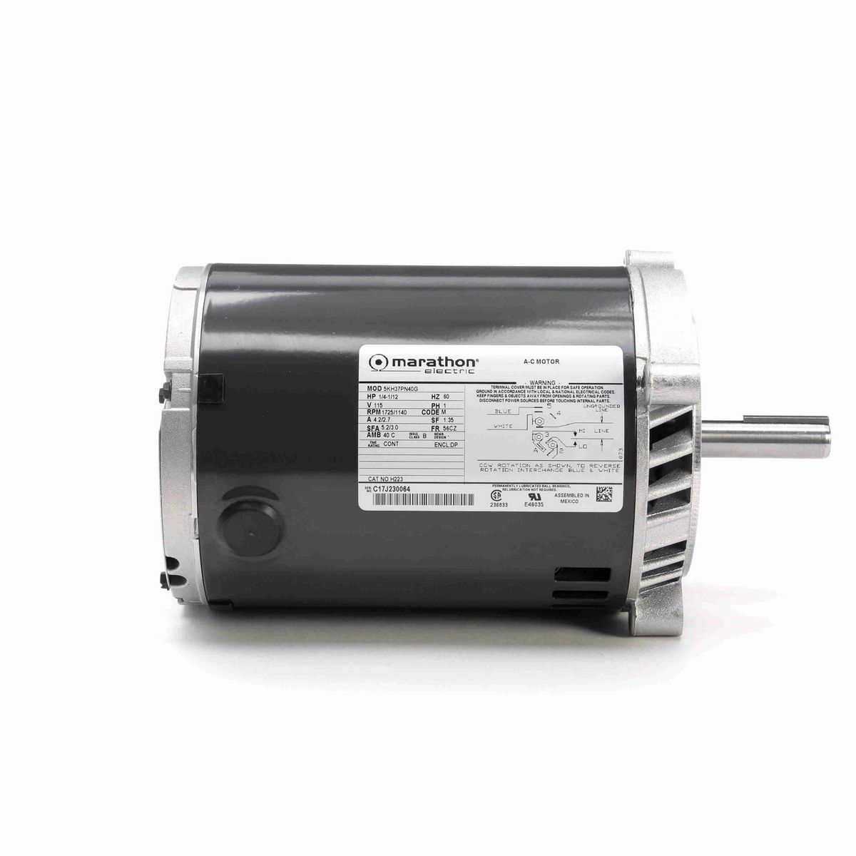 LEESON Fan and Blower Motor, 1/4-1/12 HP, 1 Ph, 60 Hz, 115 V, 1800 RPM, 56CZ Frame, DP - H223
