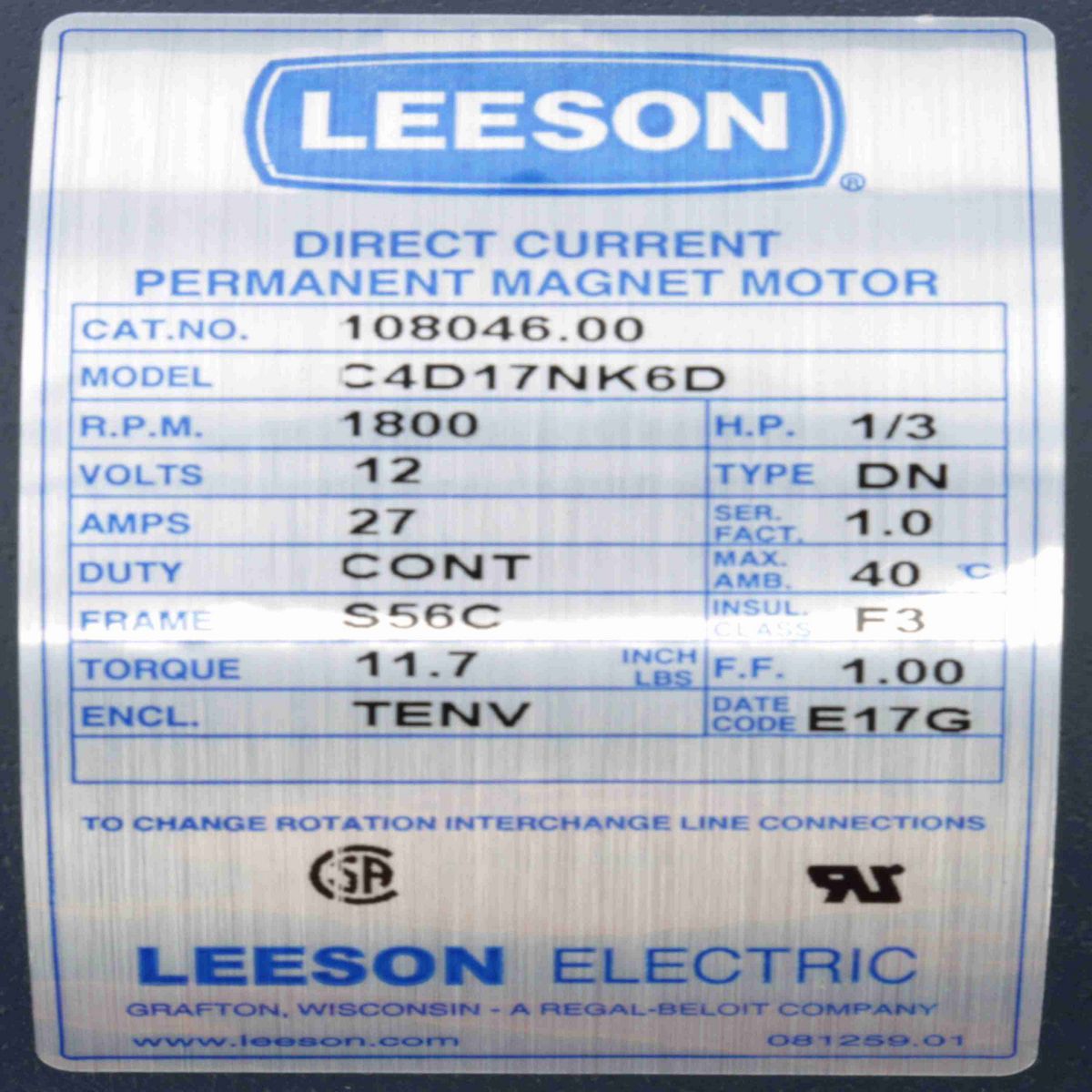 LEESON Low Voltage Motor, 0.33 HP, 12 V, 1800 RPM, S56C Frame, TENV - 108046.00