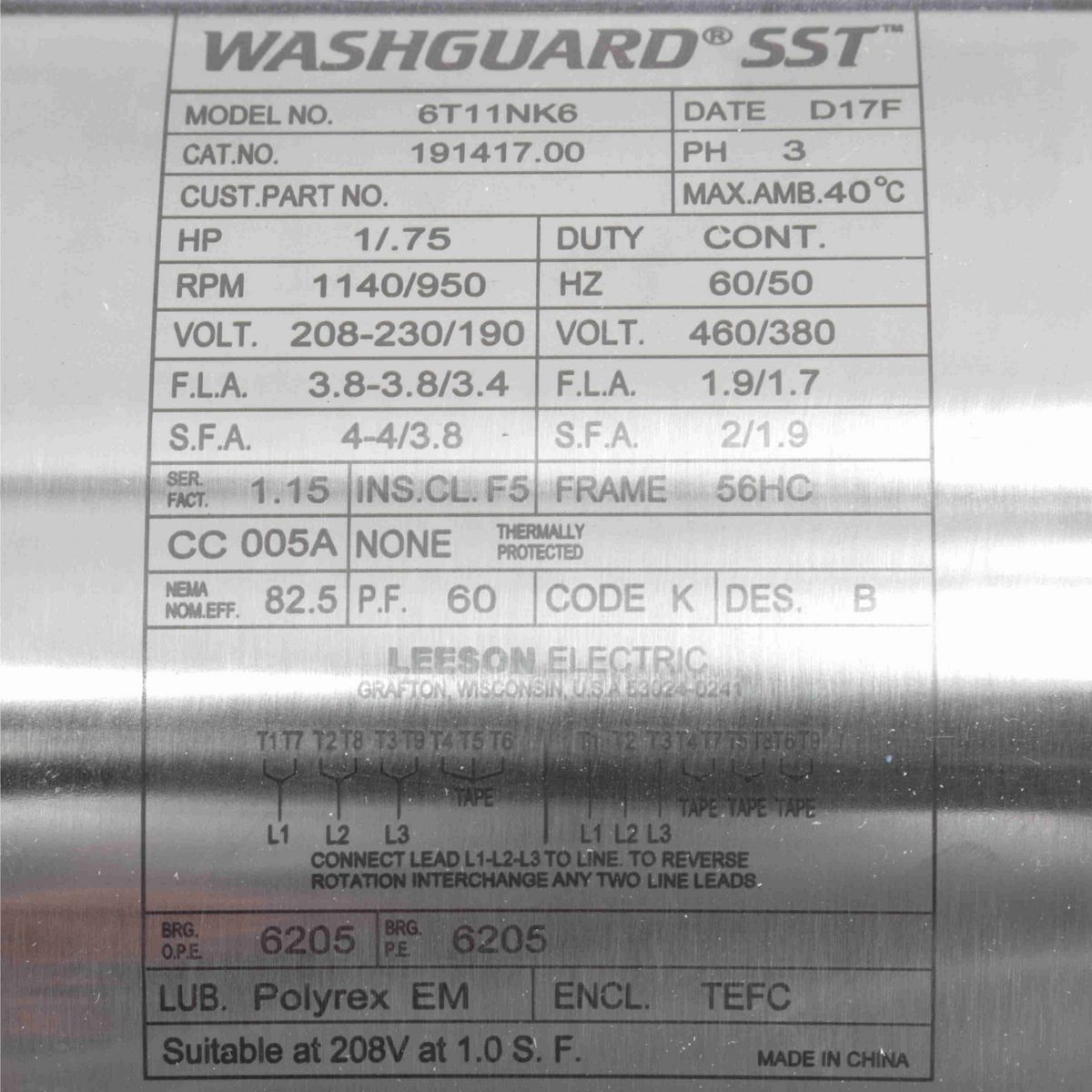 LEESON SST Duck™ General Purpose Motor, 1 & 0.75 HP, 3 Ph, 60 & 50 Hz, 230/460 & 190/380 V, 1200 & 1000 RPM, 56HC Frame, TEFC - 191417.00
