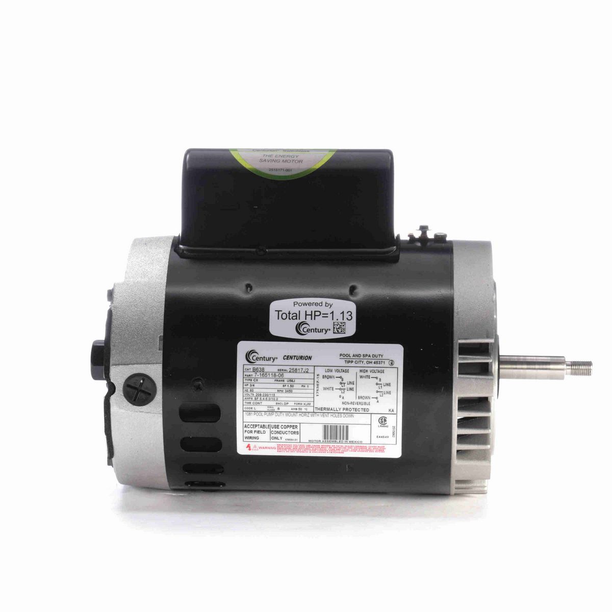 Century Pool Pump Motor, 3/4 HP, 1 Ph, 60 Hz, 208-230/115 V, 3600 RPM, U56J Frame, DP - B638