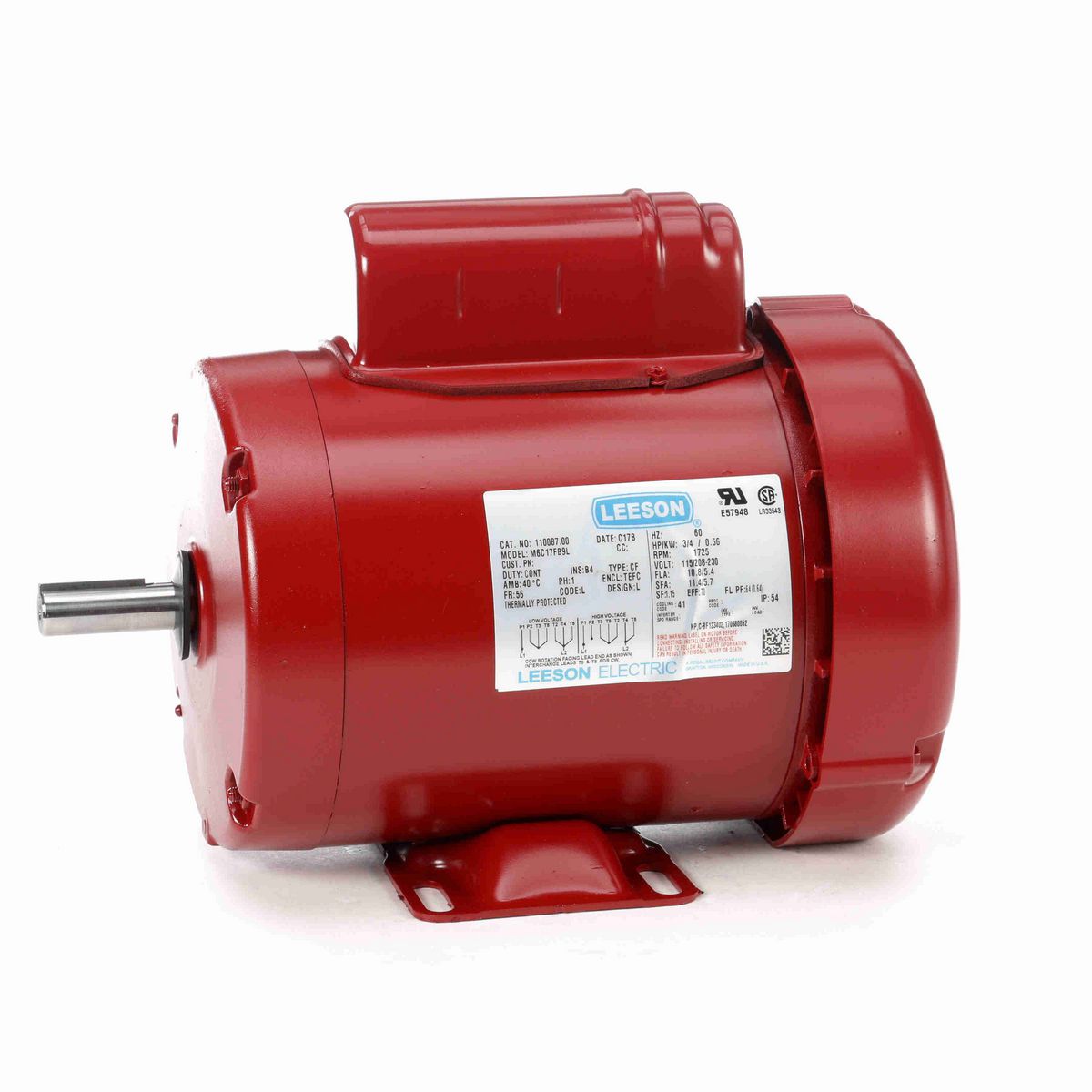 LEESON Agricultural Motor, 0.75 HP, 1 Ph, 60 Hz, 115/230 V, 1800 RPM, 56 Frame, TEFC - 110087.00