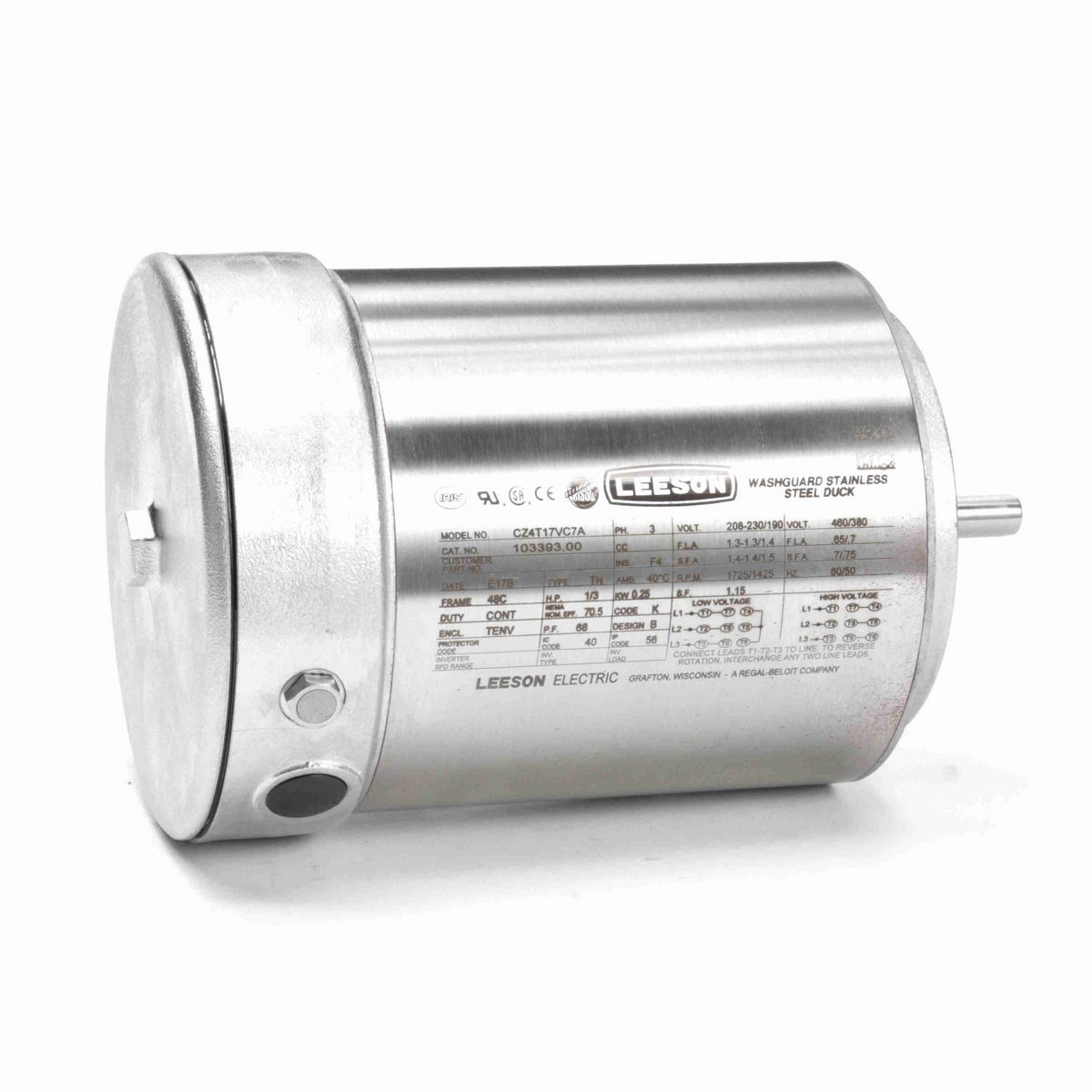 LEESON Premium Duck™ General Purpose Motor, 0.33 & 0.33 HP, 3 Ph, 60 & 50 Hz, 230/460 & 190/380 V, 1800 & 1500 RPM, 48C Frame, TENV - 103393.00