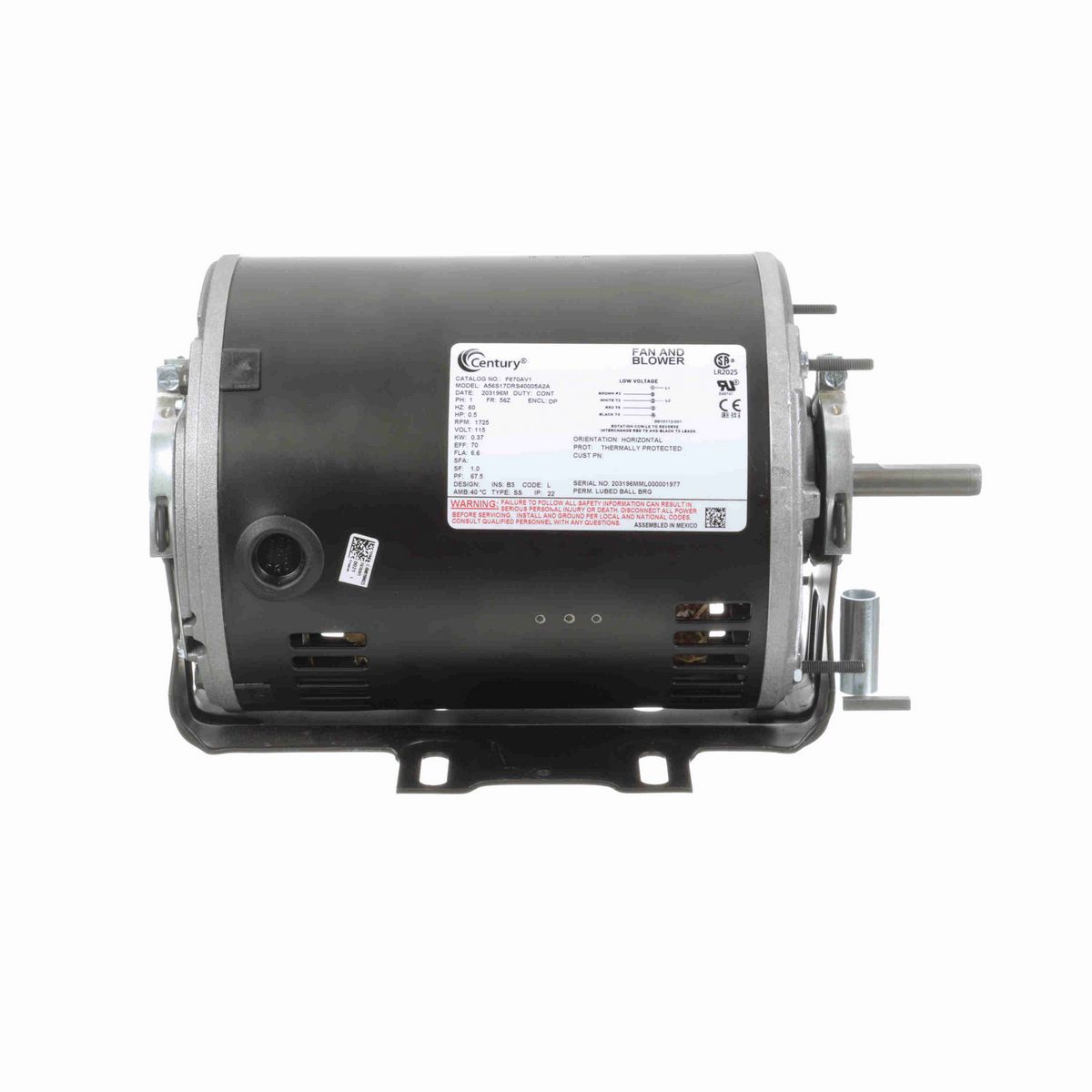 Century Fan and Blower Motor, 0.5 HP, 1 Ph, 60 Hz, 115 V, 1800 RPM, 56Z Frame, DP - F670AV1