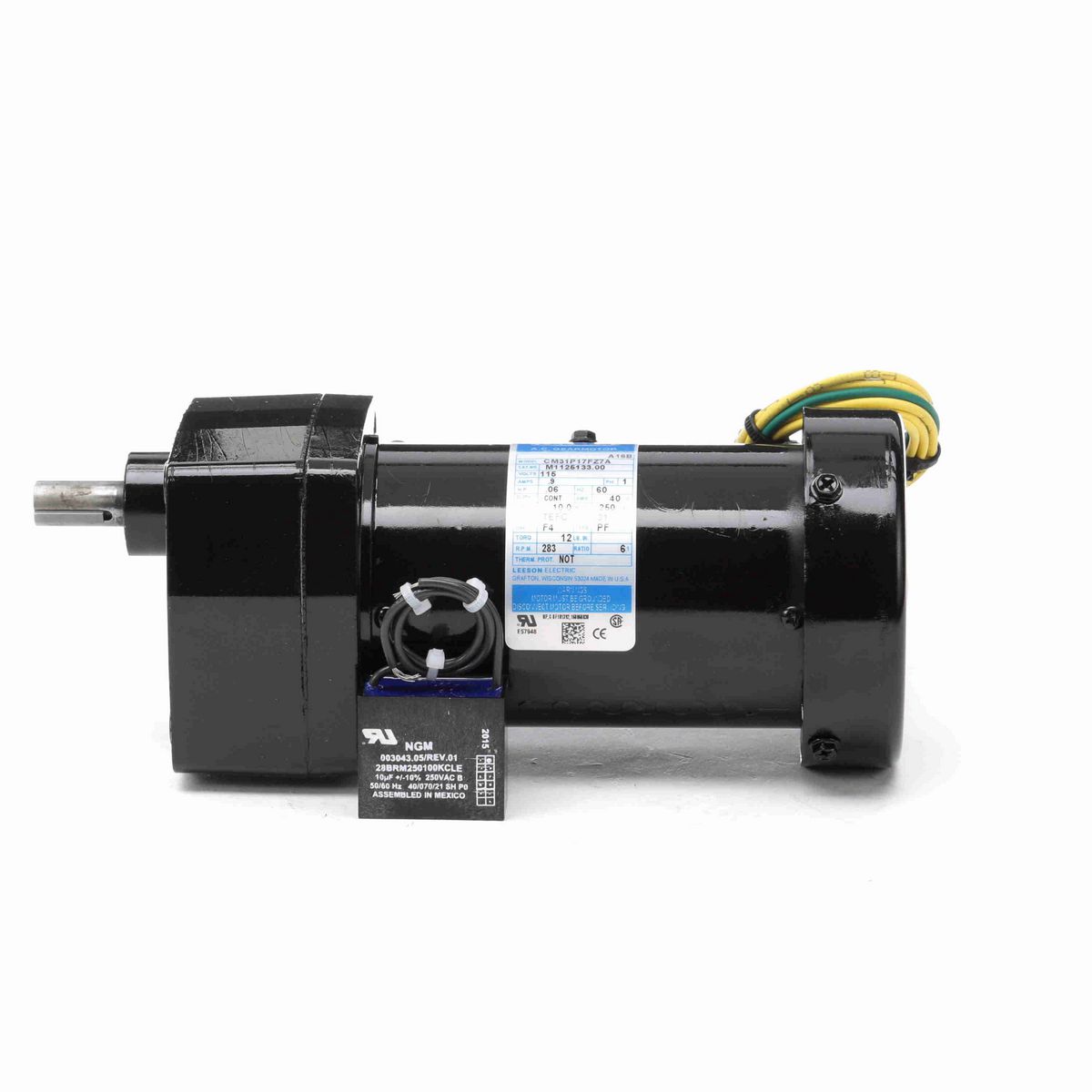 LEESON Parallel Shaft Gearmotor, 0.06 HP, 1 Ph, 60 Hz, 115 V, 283 RPM, 31 Frame, TEFC - M1125133.00