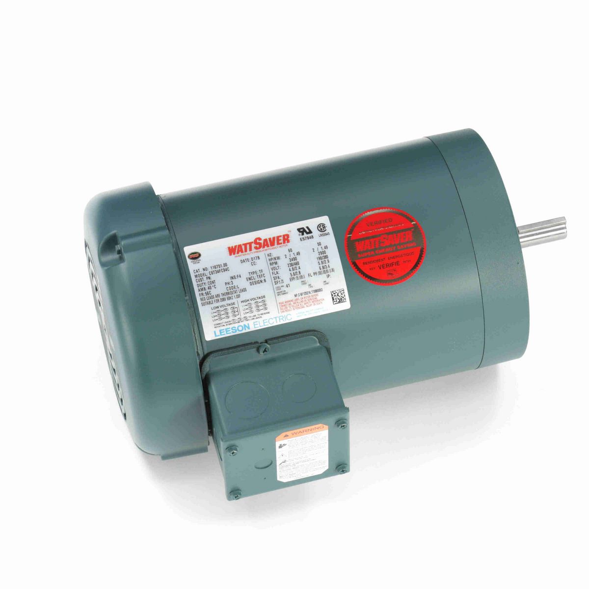 LEESON General Purpose Motor, 2 & 2 HP, 3 Ph, 60 & 50 Hz, 230/460 & 190/380 V, 3600 & 3000 RPM, 56C Frame, TEFC - 116751.00