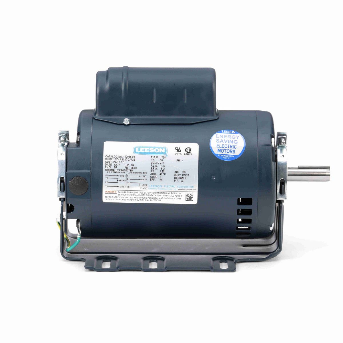 LEESON Fan and Blower Motor, 0.75 HP, 1 Ph, 60 Hz, 277 V, 1800 RPM, S56H Frame, DP - 102966.00