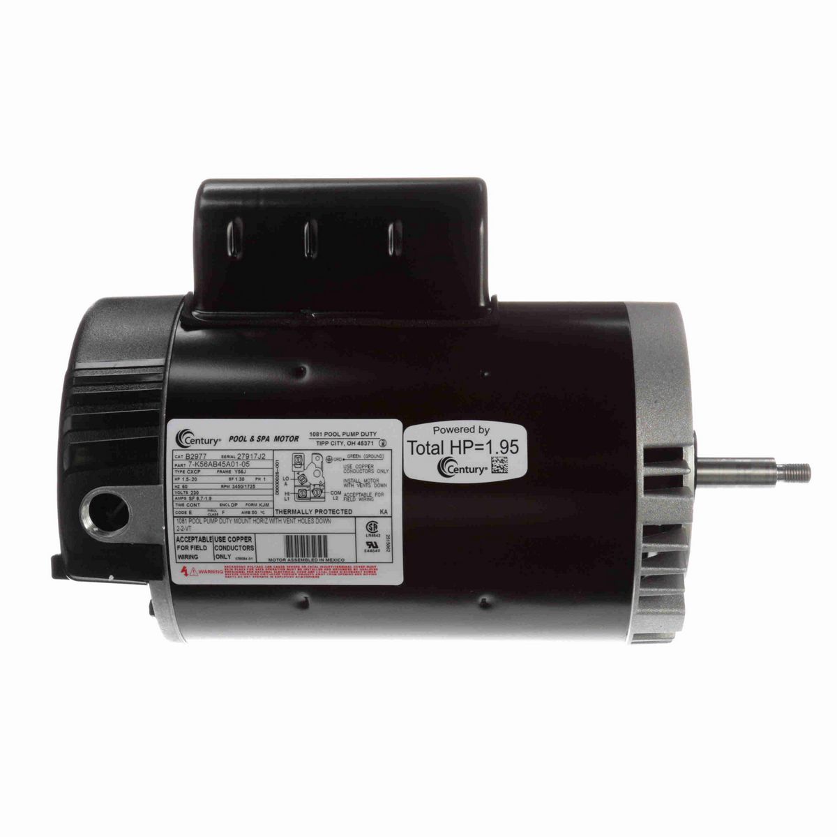 Century Pool Pump Motor, 1.5-.20 HP, 1 Ph, 60 Hz, 230 V, 3600 RPM, Y56J Frame, DP - B2977