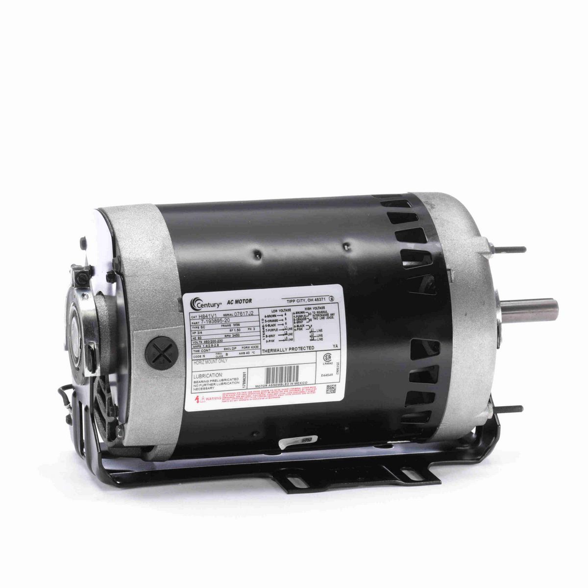 Century General Purpose Motor, 3/4 HP, 3 Ph, 60 Hz, 460/200-230 V, 3600 RPM, M56 Frame, DP - H841V1