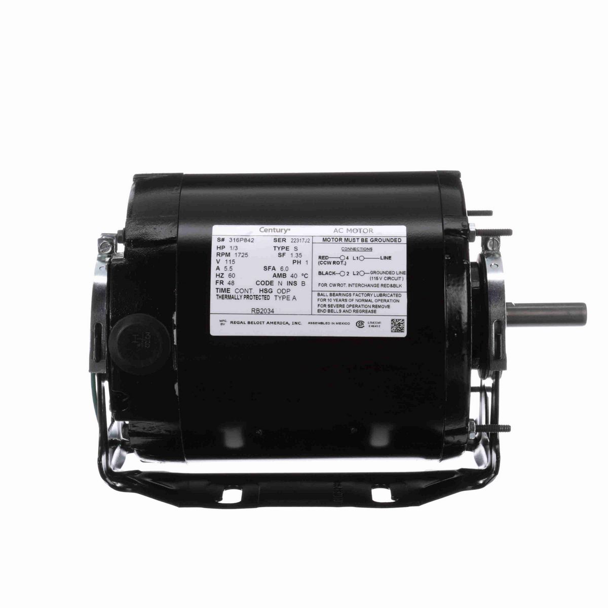 Century Fan and Blower Motor, 1/3 HP, 1 Ph, 60 Hz, 115 V, 1800 RPM, 48 Frame, ODP - RB2034