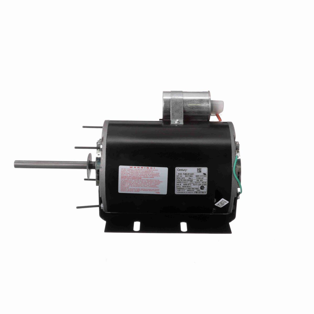 Century Condenser Fan Motor, 3/4 HP, 1 Ph, 60 Hz, 208-230/460 V, 1075 RPM, 1 Speed, 48 Frame, SEMI ENCLOSED - FB1076V1