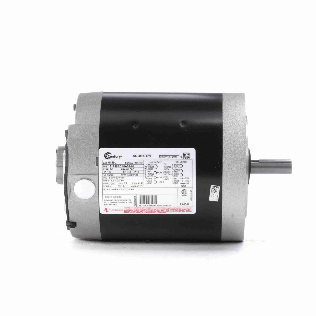 Century General Purpose Motor, 1/3 HP, 3 Ph, 60 Hz, 200-230/460 V, 1800 RPM, 56C Frame, TENV - H159L