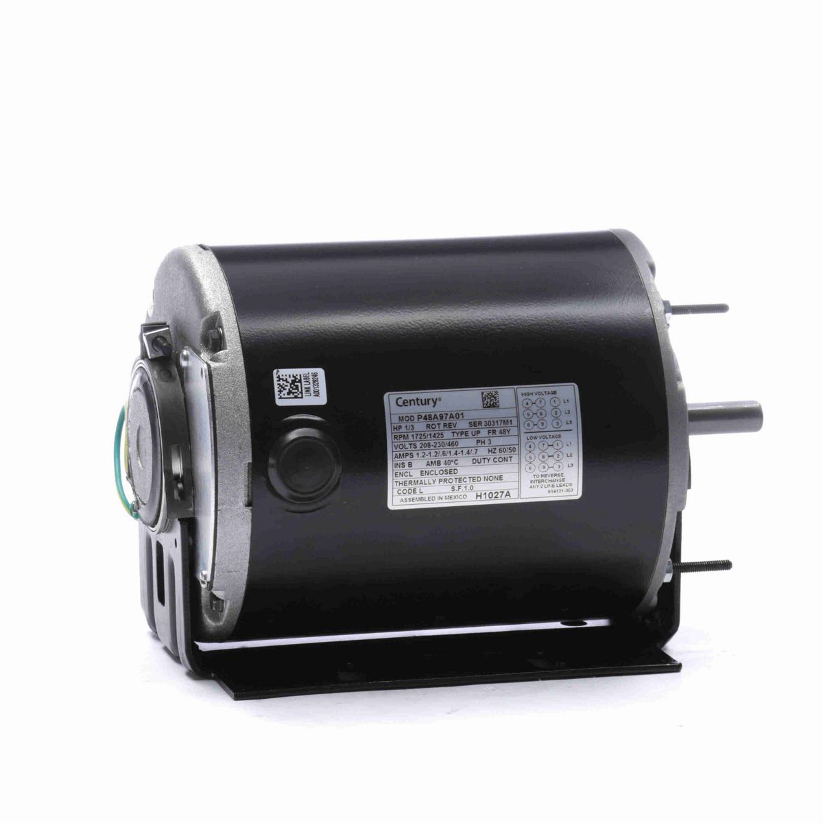 Century General Purpose Motor, 1/3 HP, 3 Ph, 60 Hz, 208-230/460 V, 1800 RPM, 48Y Frame, TEAO - H1027A