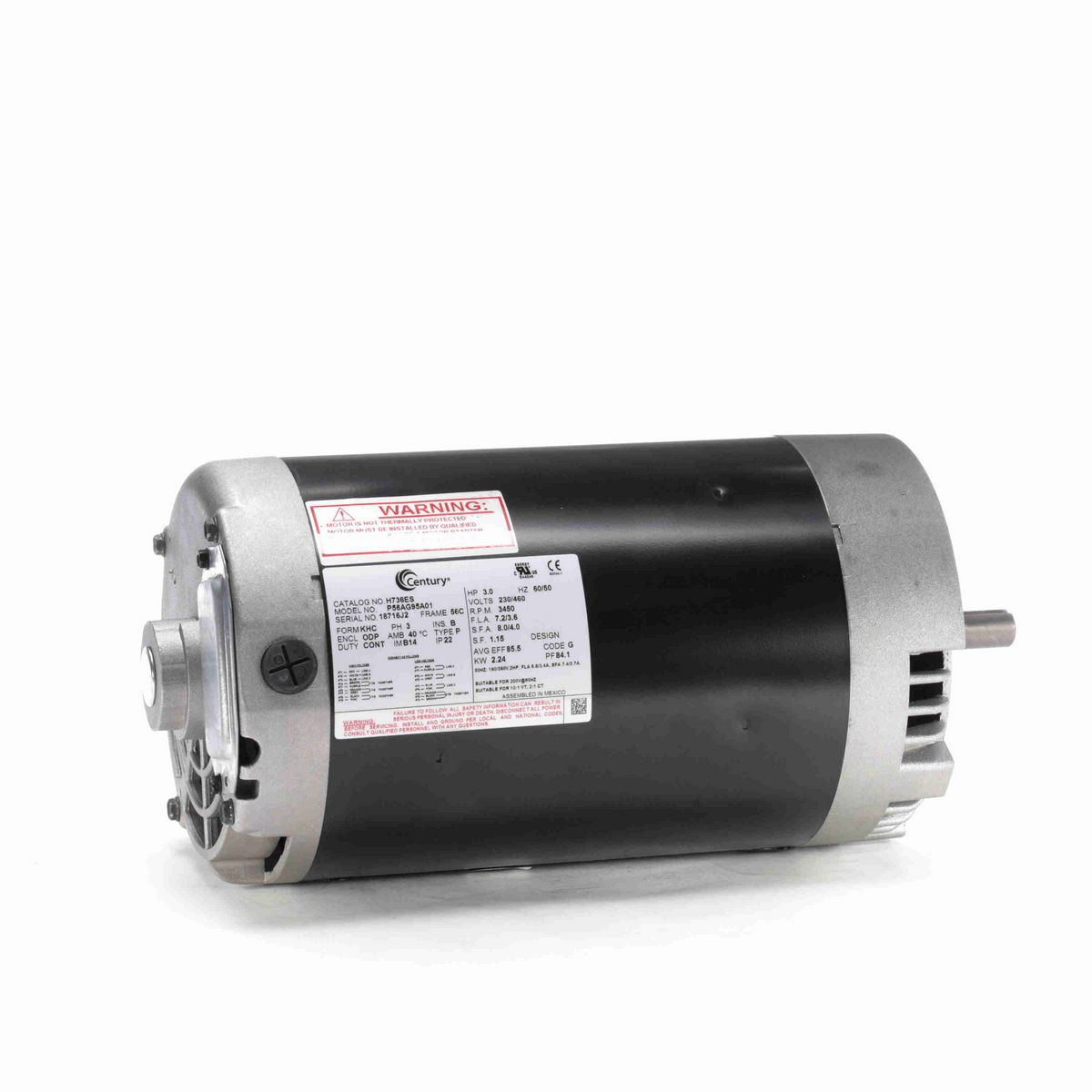 Century General Purpose Pump Motor, 3.0 HP, 3 Ph, 60/50 Hz, 230/460 V, 3600 RPM, 56C Frame, ODP - H736ES