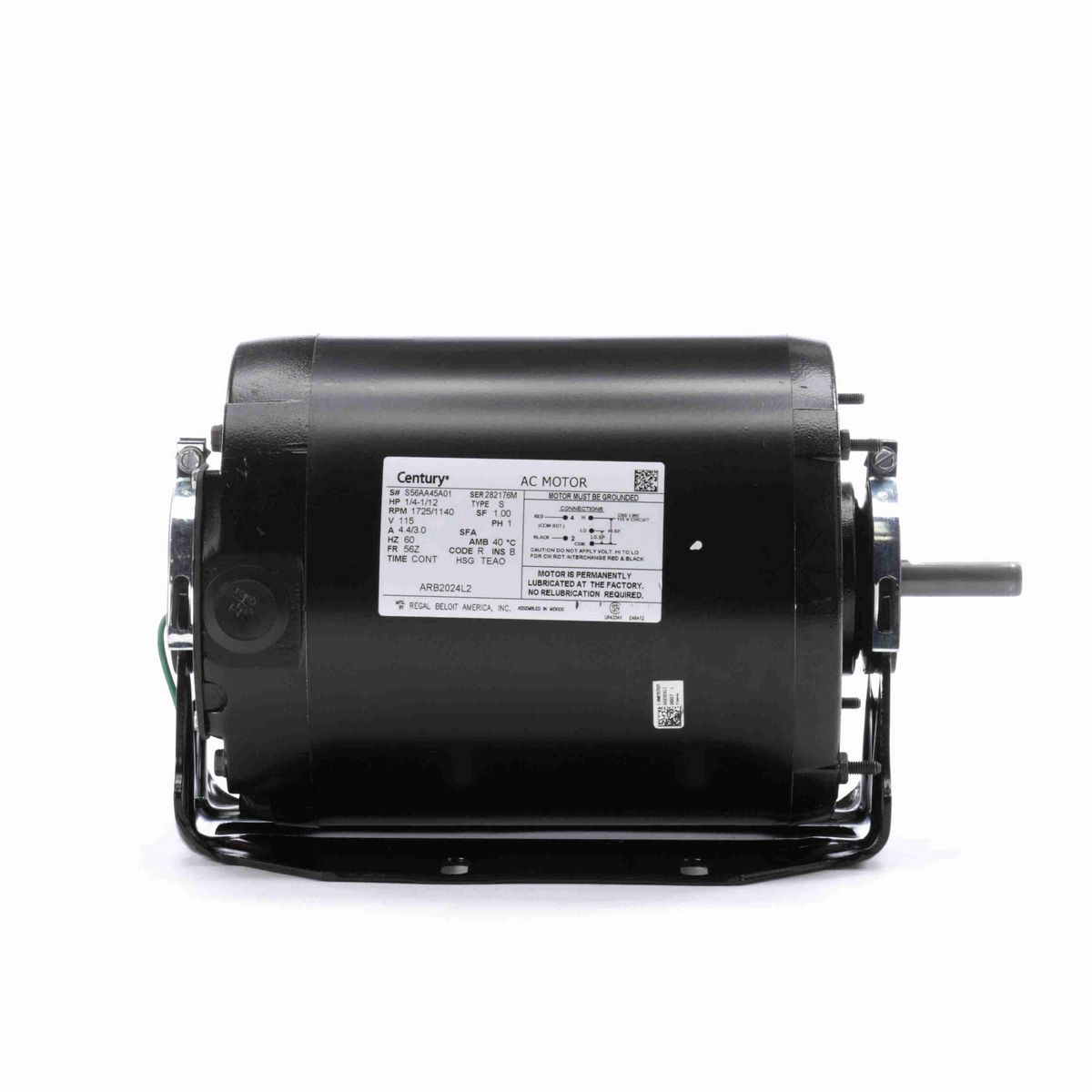 Century Fan and Blower Motor, 1/4-1/12 HP, 1 Ph, 60 Hz, 115 V, 1800 RPM, 56Z Frame, TEAO - ARB2024L2