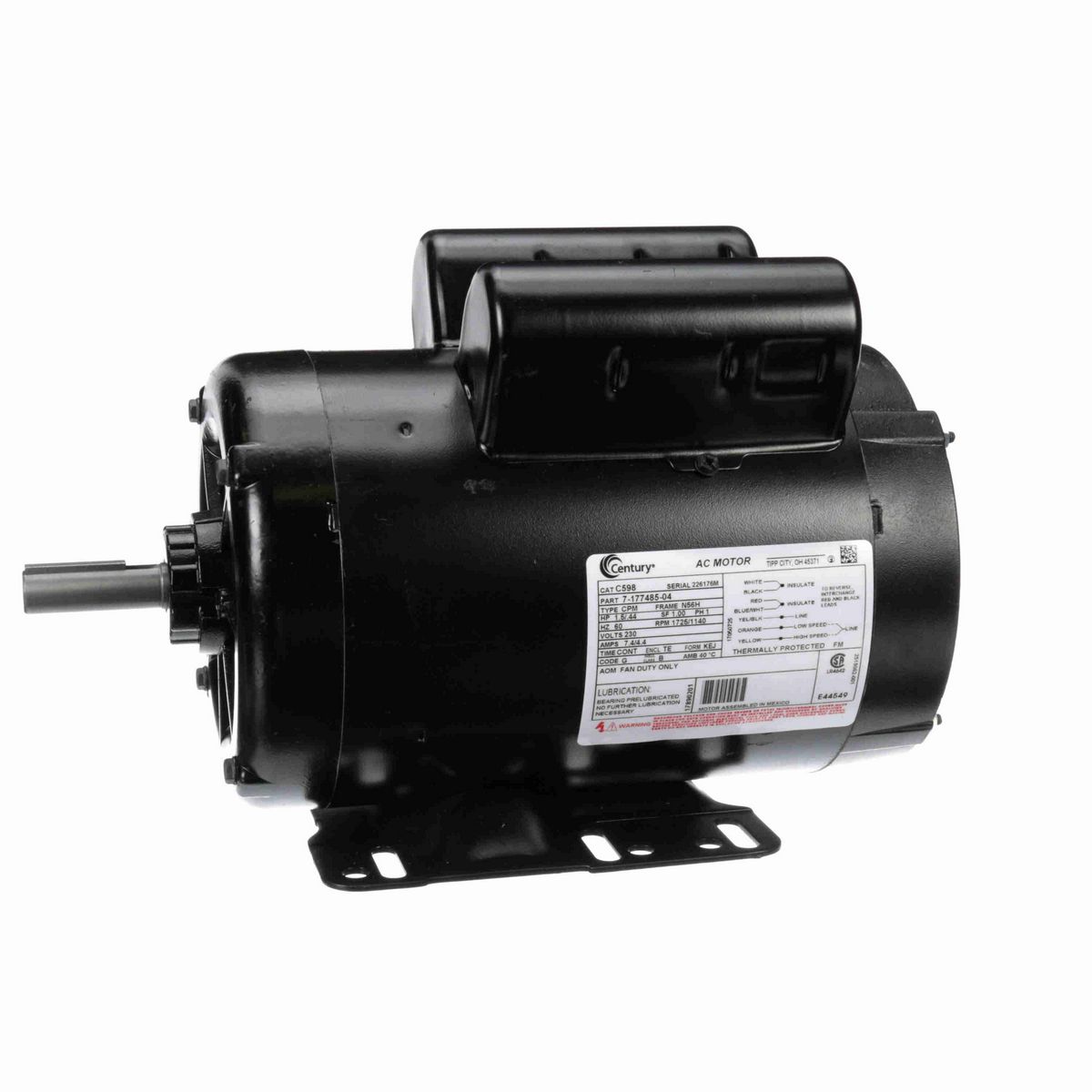 Century General Purpose Farm Duty Motor, 1.5/.44 HP, 1 Ph, 60 Hz, 230 V, 1800 RPM, N56H Frame, TEAO - C598
