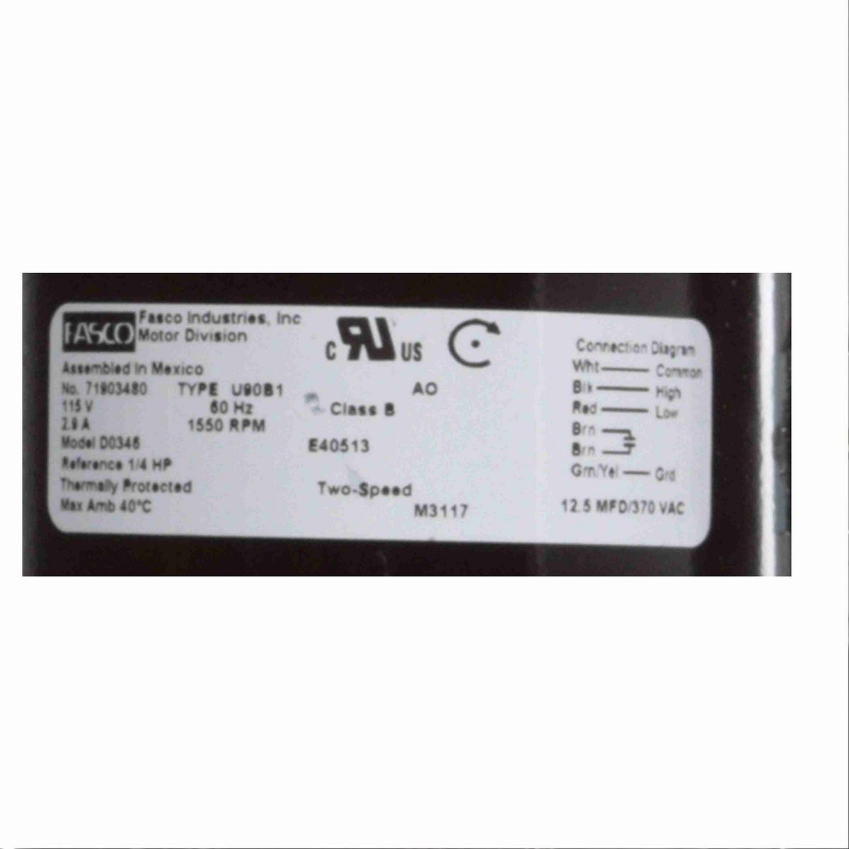 FASCO OEM Replacement Motor, 1/4 HP, 1 Ph, 60 Hz, 115 V, 1550 RPM, 2 Speed, 3.3" Diameter, OAO - D0346