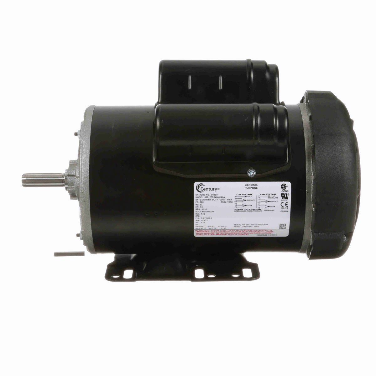 Century General Purpose Motor, 1.5 HP, 1 Ph, 60 Hz, 115/208-230 V, 1800 RPM, 56H Frame, TEFC - C686V1