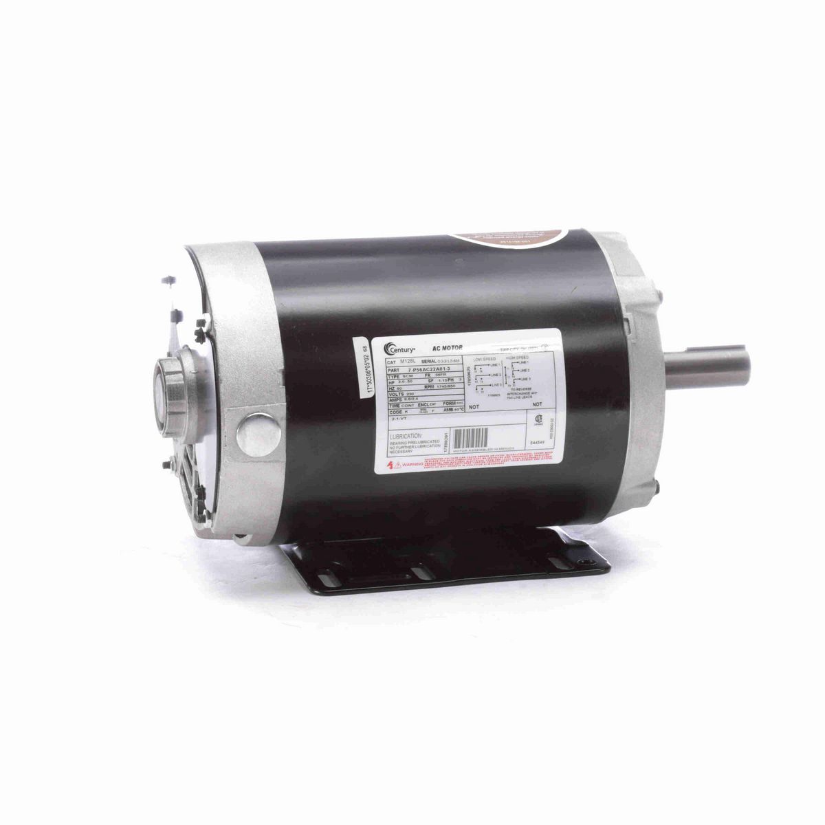 Century General Purpose Motor, 2.0-.50 HP, 3 Ph, 60 Hz, 230 V, 1800 RPM, 56 Frame, DP - M128L