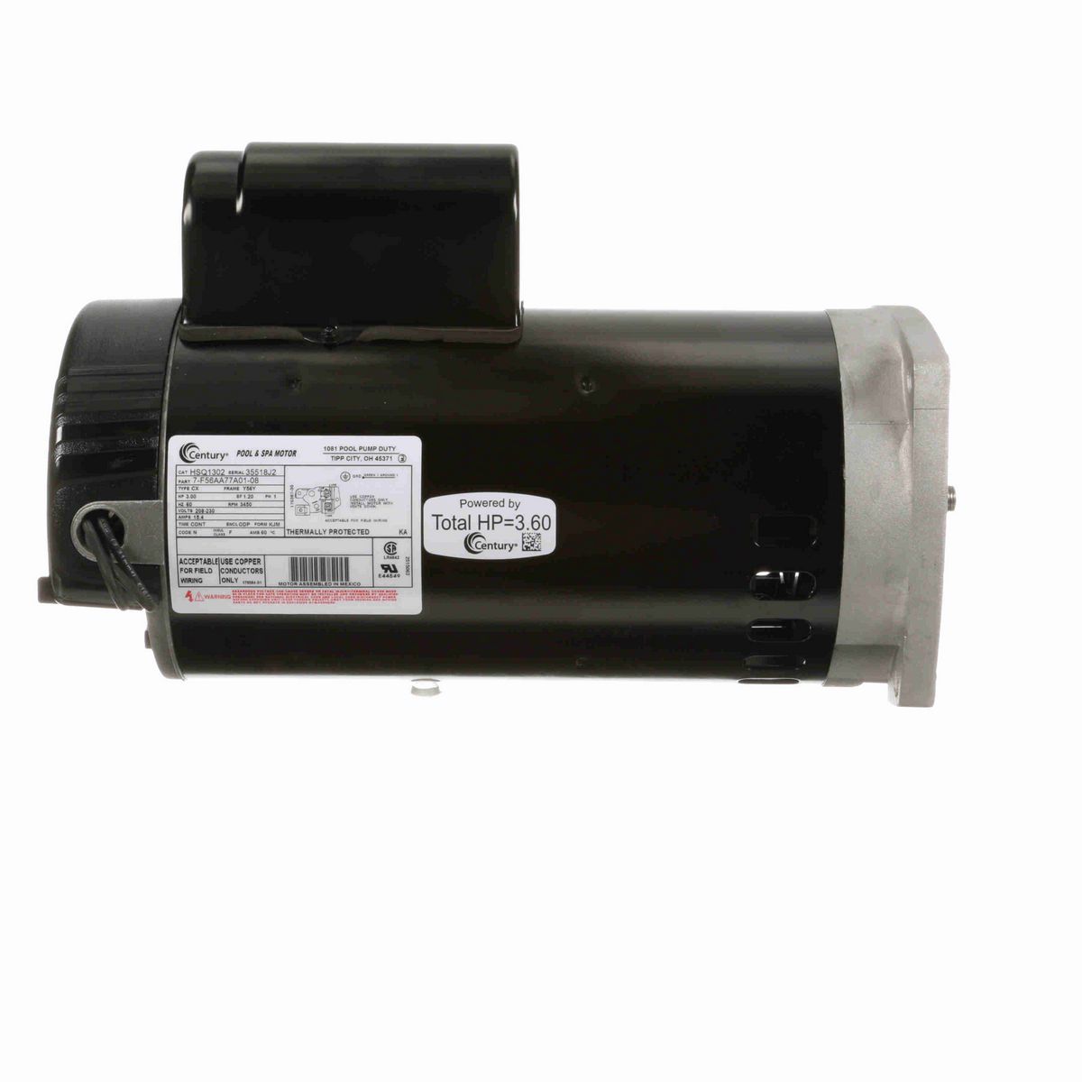 Century Pool Pump Motor, 3.00 HP, 1 Ph, 60 Hz, 208-230 V, 3600 RPM, Y56Y Frame, ODP - HSQ1302