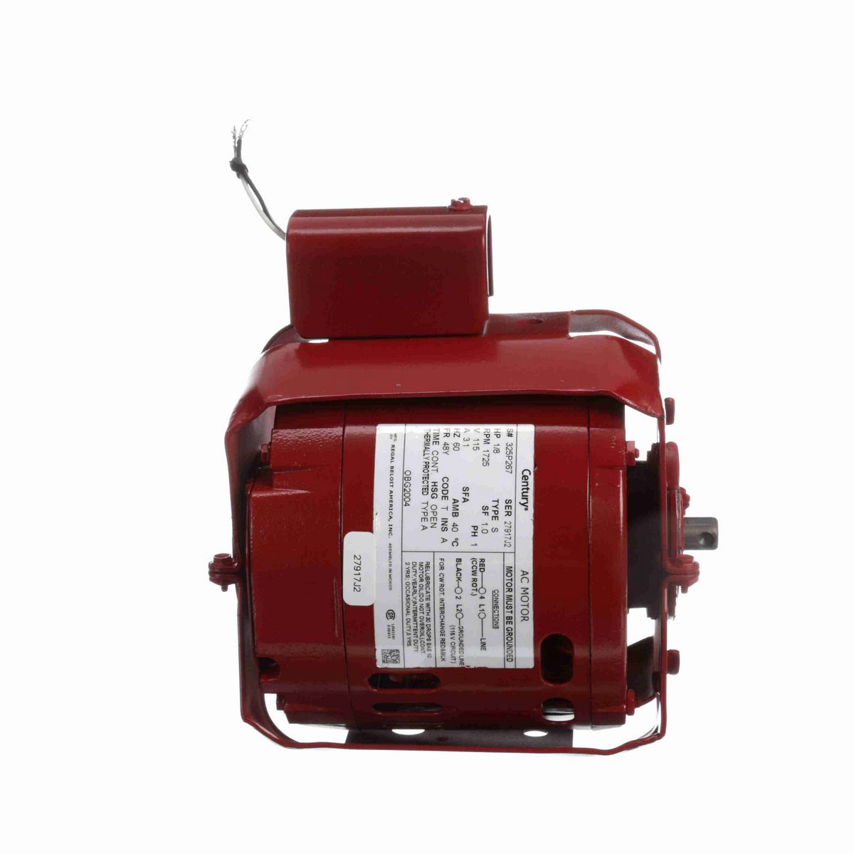 Century Circulator Pump Motor, 1/8 HP, 1 Ph, 60 Hz, 115 V, 1800 RPM, 48Y Frame, OPEN - OBG2004