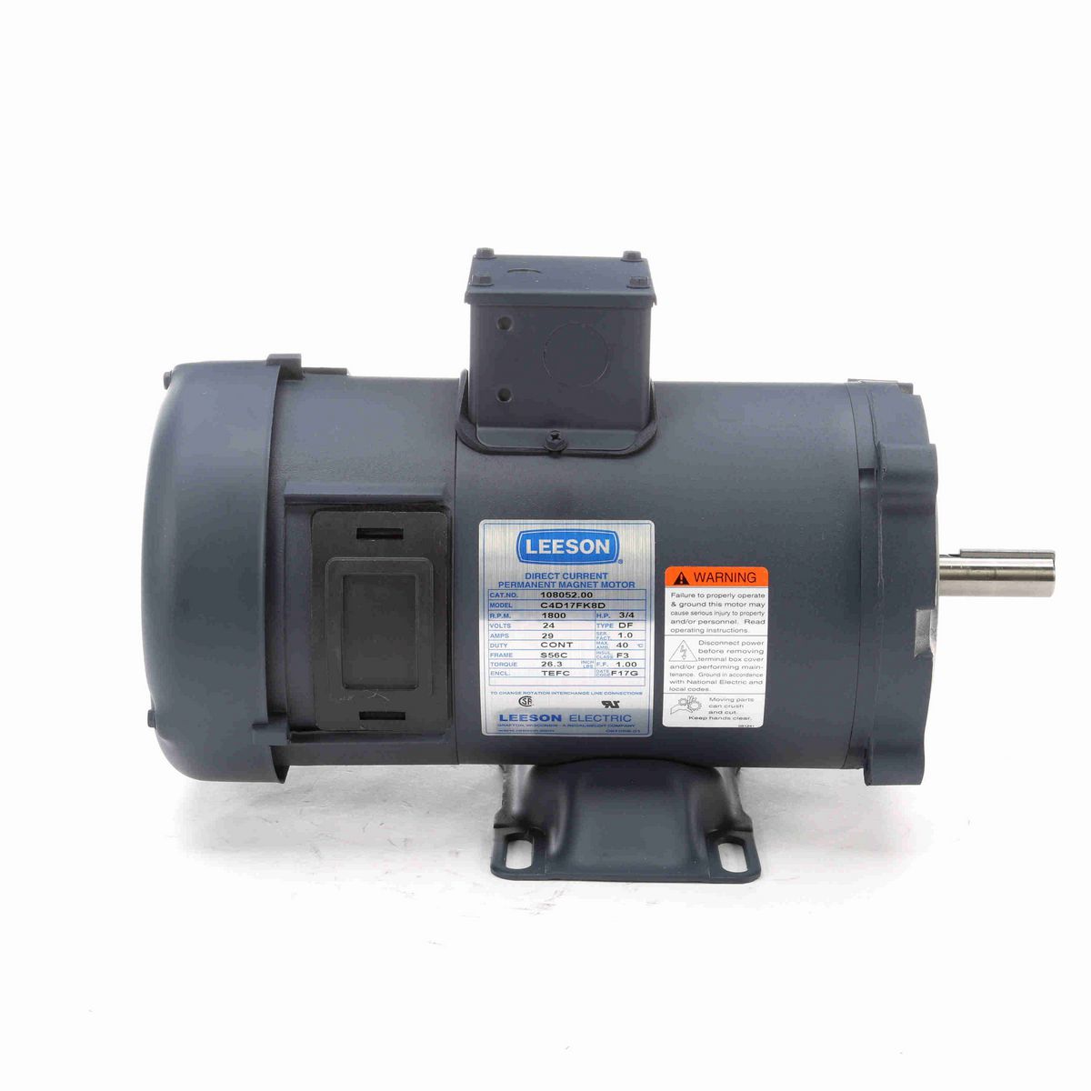 LEESON Low Voltage Motor, 0.75 HP, 24 V, 1800 RPM, S56C Frame, TEFC - 108052.00