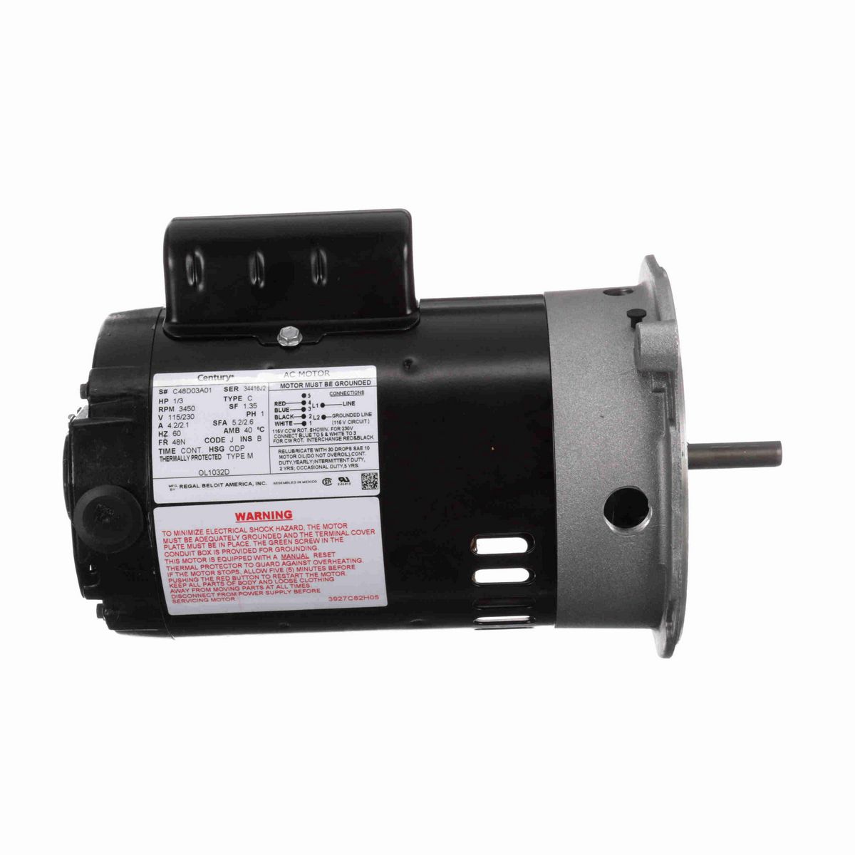 Century Definite Purpose Motor, 1/3 HP, 1 Ph, 60 Hz, 115/230 V, 3600 RPM, 48N Frame, ODP - OL1032D
