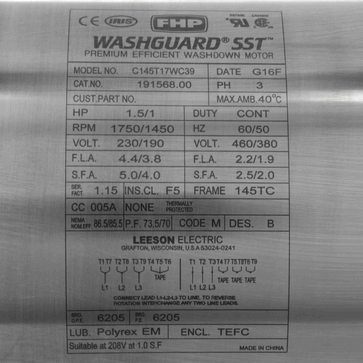 LEESON SST Duck™ General Purpose Motor, 1.50 & 1 HP, 3 Ph, 60 & 50 Hz, 230/460 & 190/380 V, 1800 & 1500 RPM, 145TC Frame, TEFC - 191568.00
