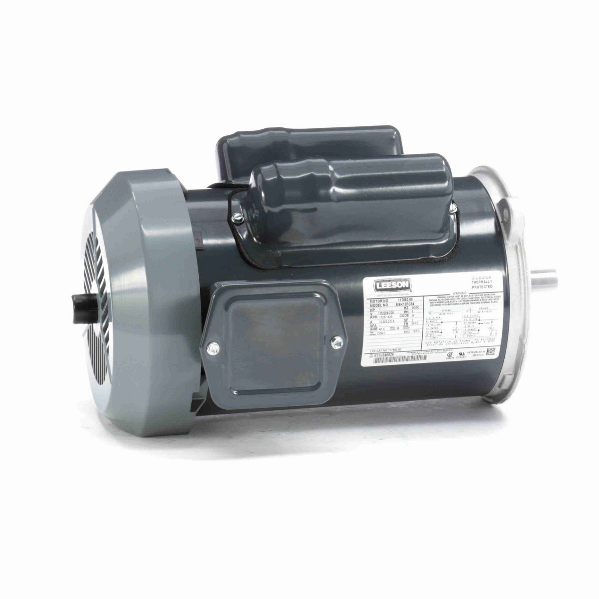 LEESON Auger Drive Motor, 1 HP, 1 Ph, 60 Hz, 115/208-230 V, 1800 RPM, 56YZ Frame, TEFC - 117883.00
