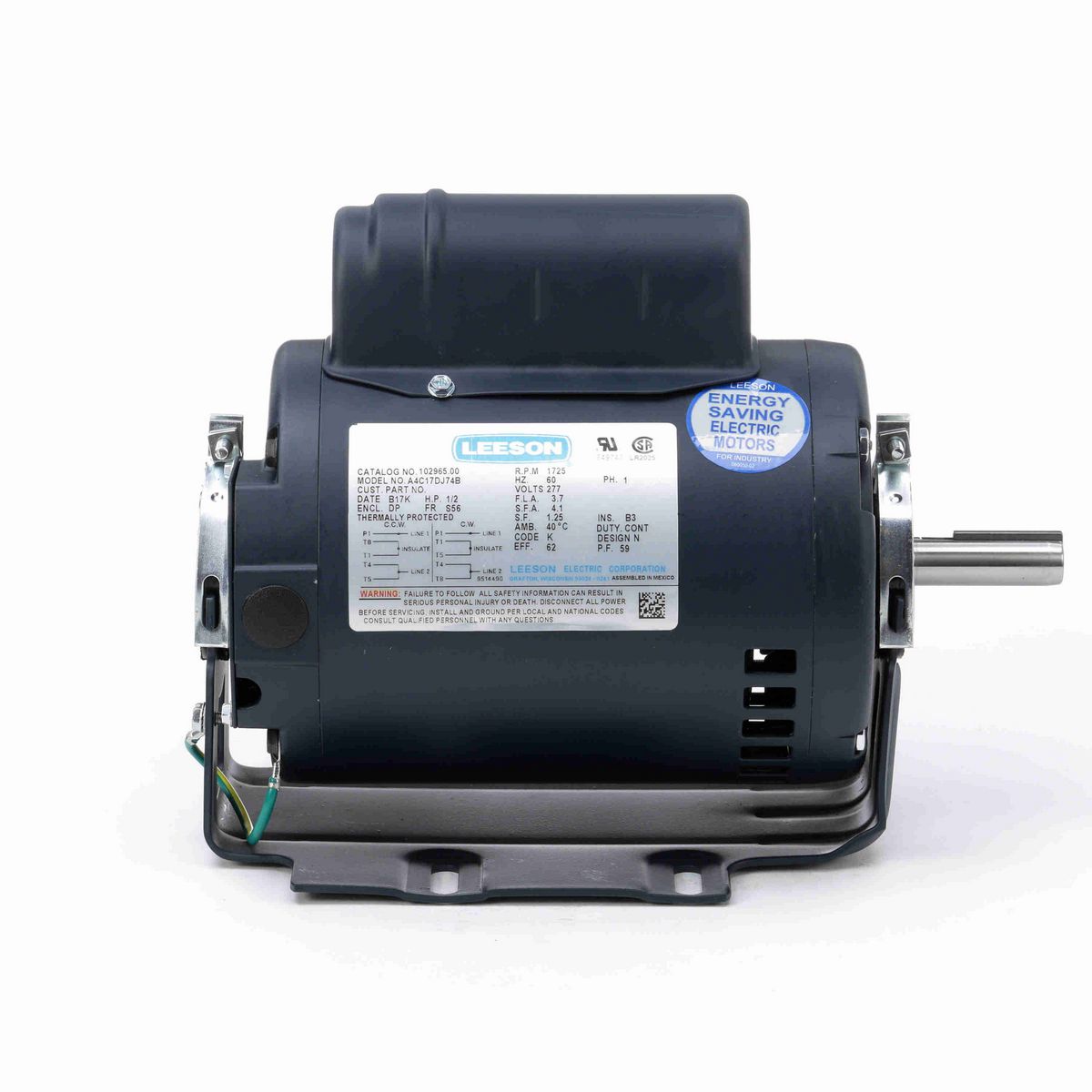 LEESON Fan and Blower Motor, 0.50 HP, 1 Ph, 60 Hz, 277 V, 1800 RPM, S56 Frame, DP - 102965.00