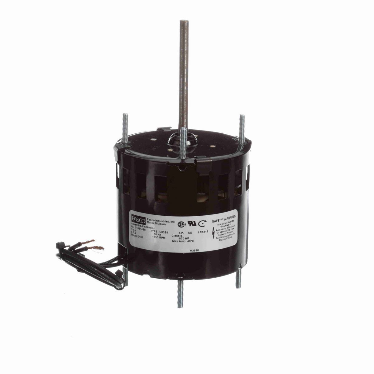 FASCO Fan and Blower Motor, 1/70 HP, 1 Ph, 60 Hz, 115 V, 1500 RPM, 1 Speed, 3.3" Diameter, OAO - D167