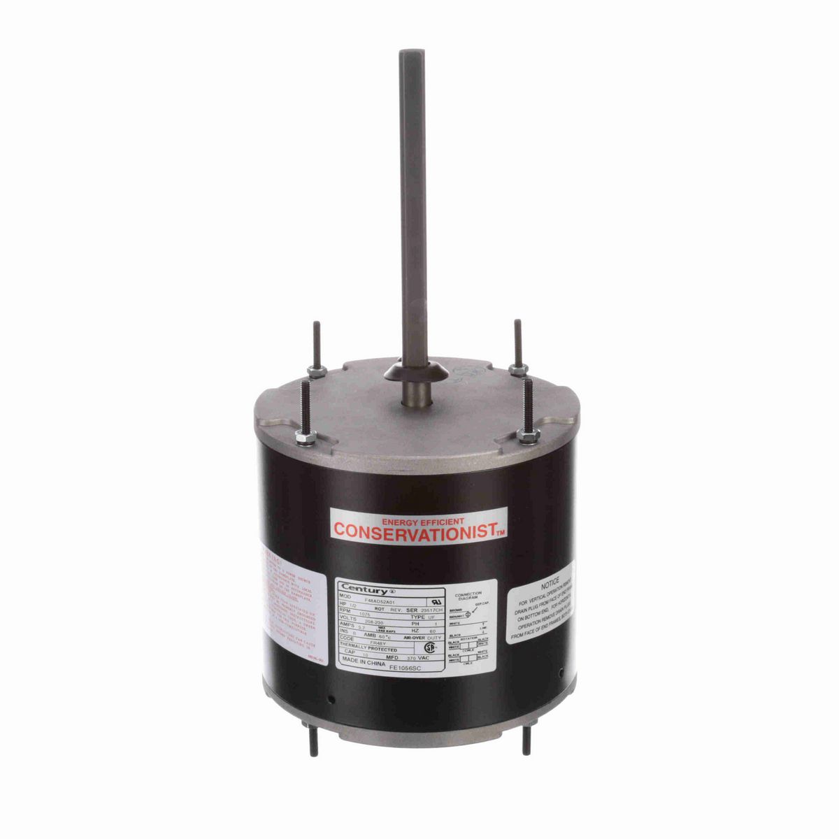 Century Condenser Fan Motor, 1/2 HP, 1 Ph, 60 Hz, 208-230 V, 1075 RPM, 1 Speed, 48 Frame, TEAO - FE1056SC