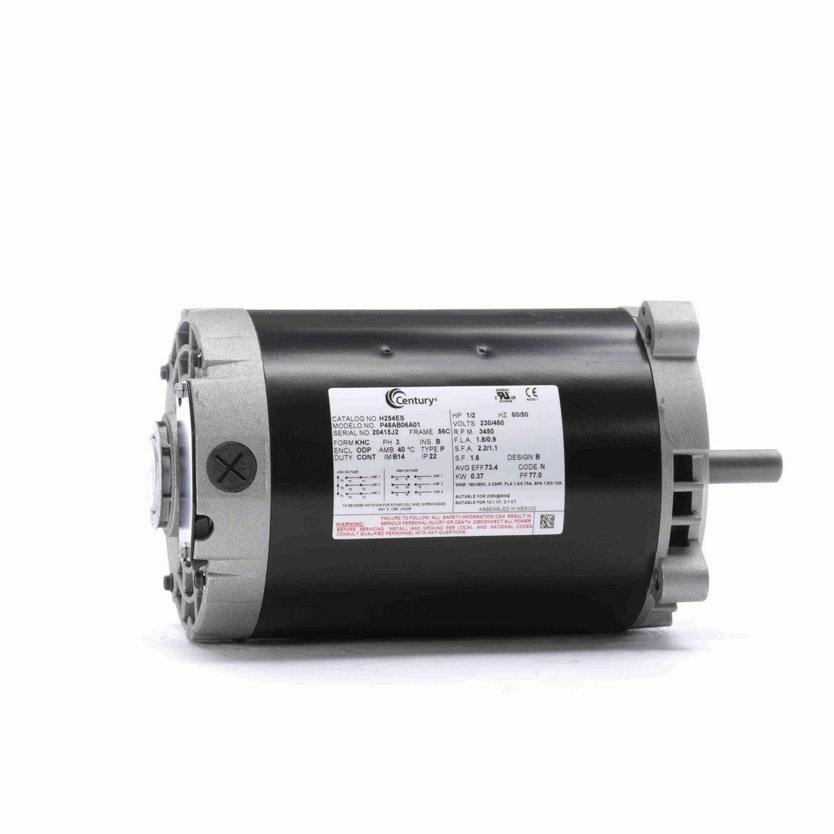 Century General Purpose Motor, .50 HP, 3 Ph, 60 Hz, 230/460 V, 3600 RPM, 56C Frame, ODP - H254ES