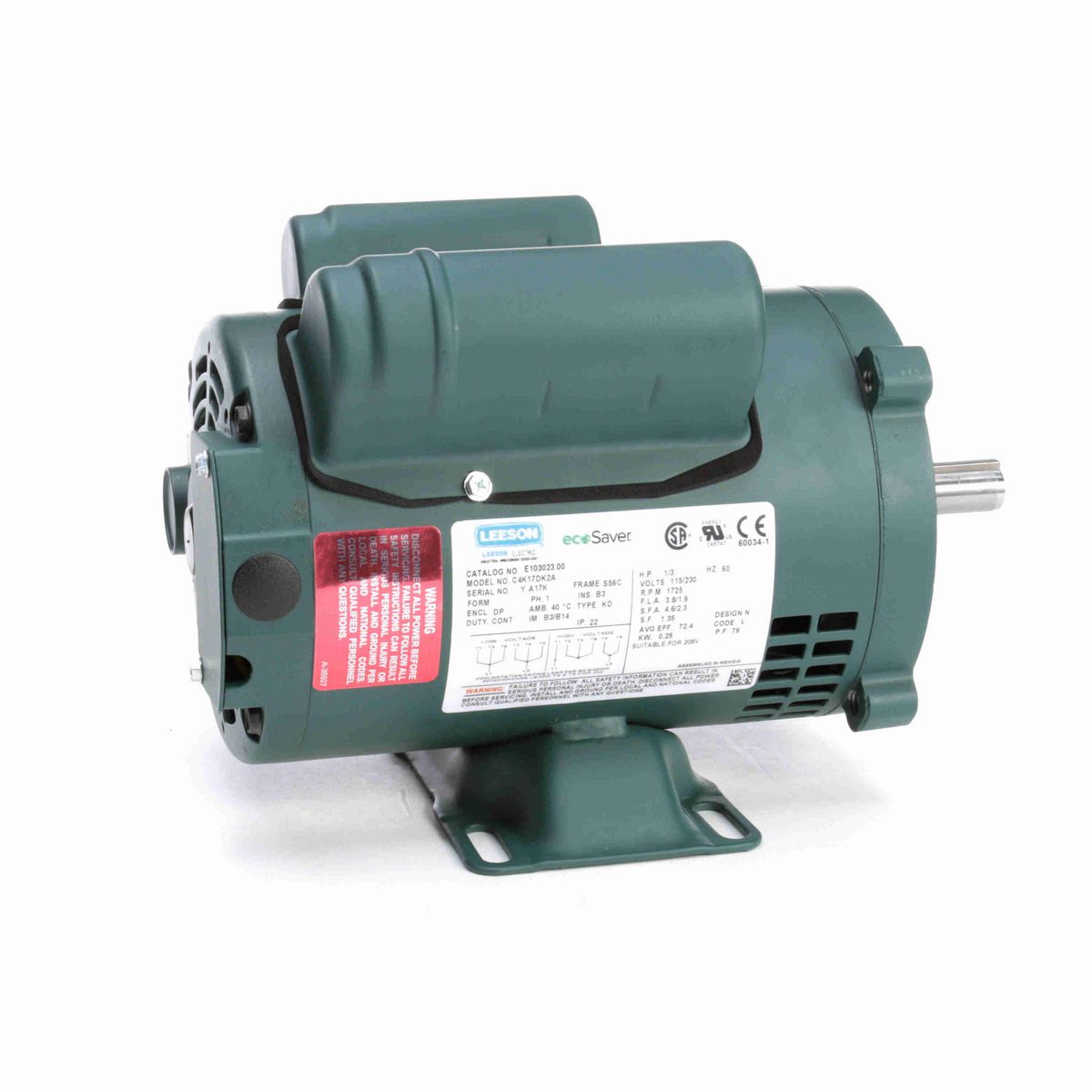 LEESON ecoSaver™ General Purpose Motor, 0.33 HP, 1 Ph, 60 Hz, 115/230 V, 1800 RPM, S56C Frame, DP - E103023.00