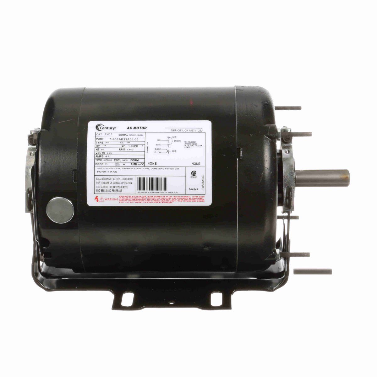 Century General Purpose Motor, 1/4 HP, 1 Ph, 60 Hz, 115 V, 1200 RPM, 56 Frame, ODP - F411